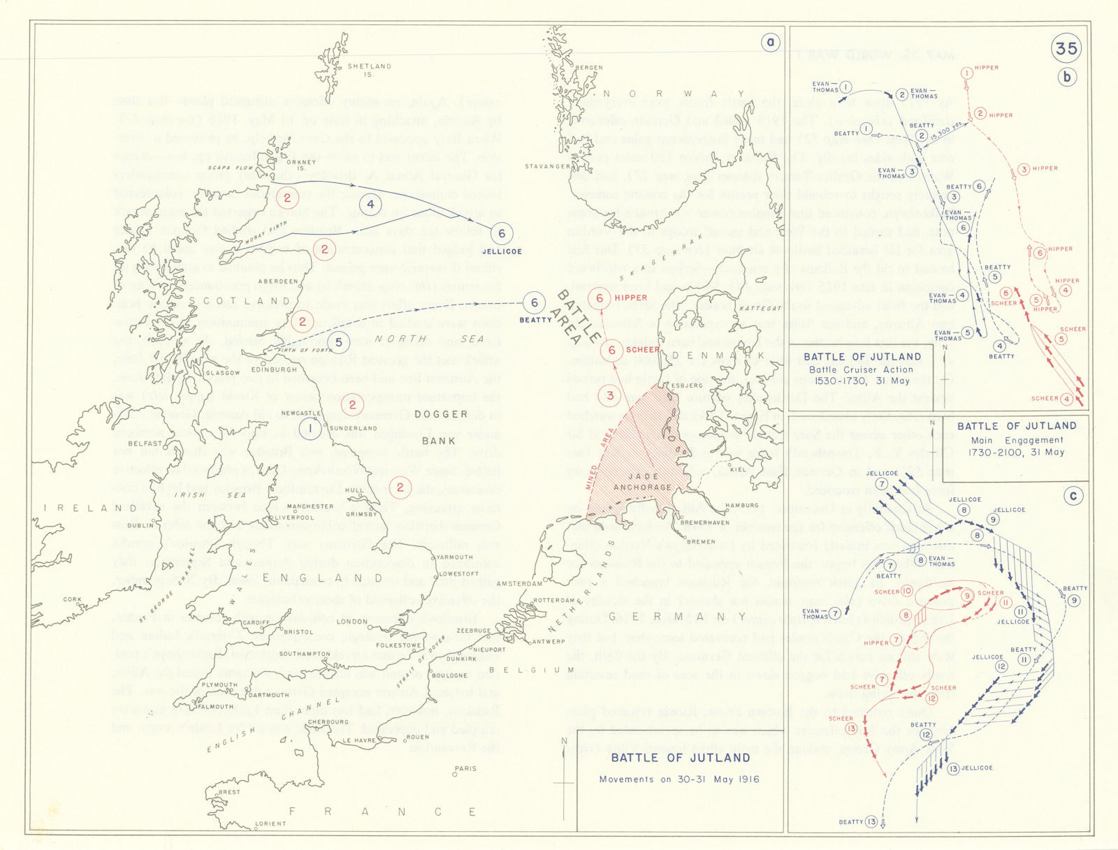 World War 1. Battle of Jutland 30-31 May 1916 movements 1959 old vintage map